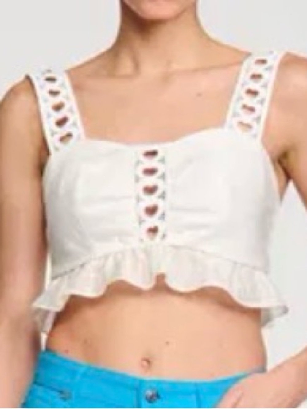 Sandro Paris White Linen Blend Crop Top Heart Lace Ruffle Sleeveless